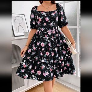 SHEIN Frenchy Plus Floral Print Puff Sleeve Ruffle Hem Dress